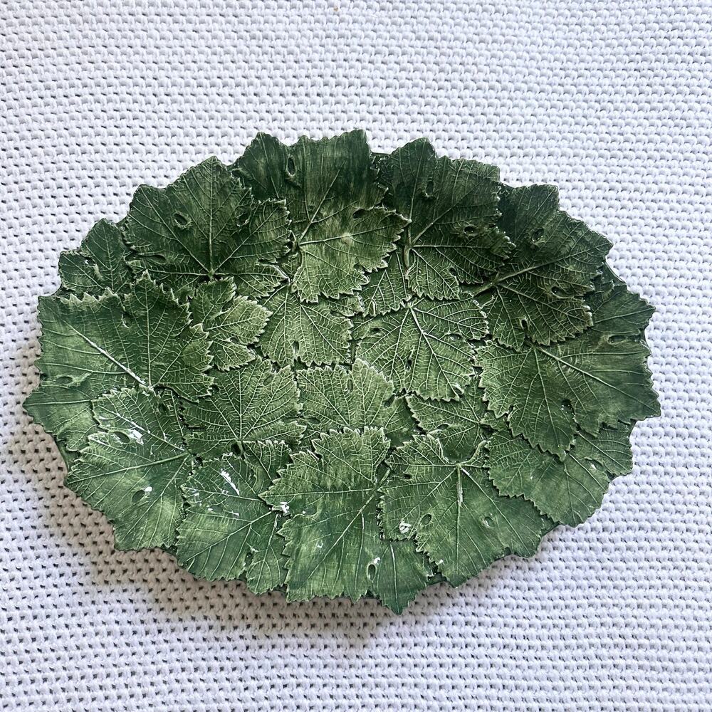 Green Leaf Majolica Bassano Italy 1964 Oval Embossed Serving Platter Stamped